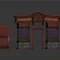 Classical Building Storefront Entrance With Red Door And Stained Glass Windows