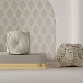Carved Concrete Stools In Modern Interior With Leaf Pattern Wallpaper And Beige Floor 3d model