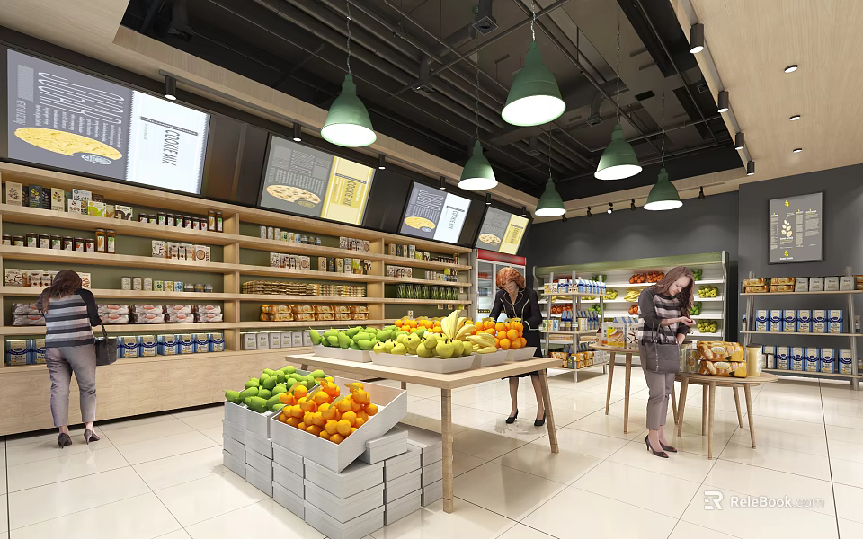 Supermarket Grocery Store Interior Featuring Fresh Produce Shelves Green Pendant Lights And Customers Shopping 3d model 