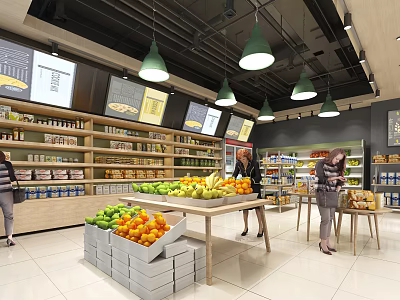 Supermarket Grocery Store Interior Featuring Fresh Produce Shelves Green Pendant Lights And Customers Shopping 3d model