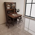 Wooden Dining Table With Four Chairs And Cabinet Featuring Fruit Plate Teacups Vase