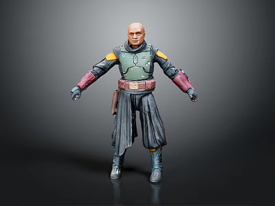 Bald Humanoid Creature In Green Armor With Yellow Shoulders Red Gloves And Gray Robe 3d model