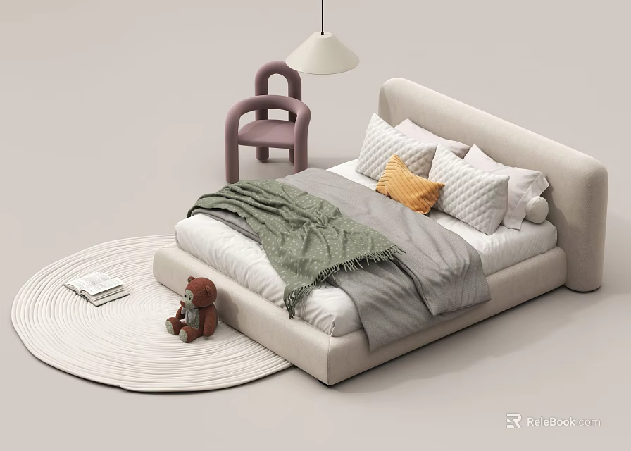 Modern Kids Bed With Soft Headboard Pink Chair White Rug And Teddy Bear 3d model 