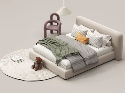 Modern Kids Bed With Soft Headboard Pink Chair White Rug And Teddy Bear 3d model