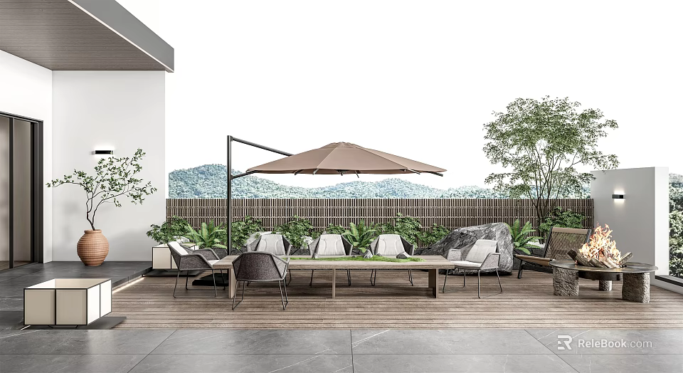 Beautiful Roof Garden Design with Outdoor Dining Set Umbrella Plants Wooden Deck and Mountain View 3d model 