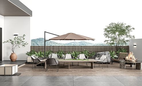 Modern Courtyard Roof Garden Courtyard Landscape Tree Outdoor Dining Table and Chair Rattan Leisure Chair Stove Hedge 3d model