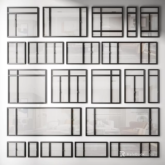 Various Modern Window Frames Display On Interior Wall With Different Designs 3d model