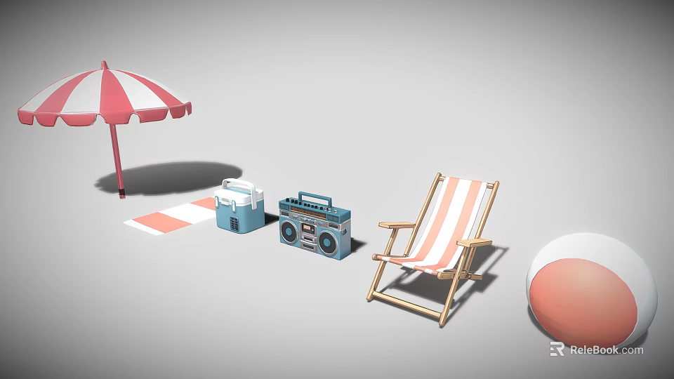 Beach Scene With Red White Striped Umbrella Blue Cooler Vintage Radio And Striped Chair 3d model 