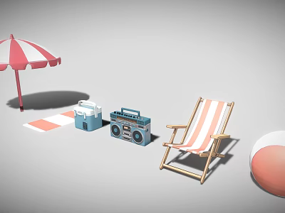Beach Scene With Red White Striped Umbrella Blue Cooler Vintage Radio And Striped Chair 3d model