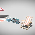 Beach Scene With Red White Striped Umbrella Blue Cooler Vintage Radio And Striped Chair