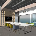 Modern Break Room Interior With White Cabinets Hanging Lights Central Island And Colorful Bar Stools