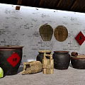 Traditional Kitchenware Display With Earthen Jars Bamboo Sieves And Red Feng Character On Brick Wall