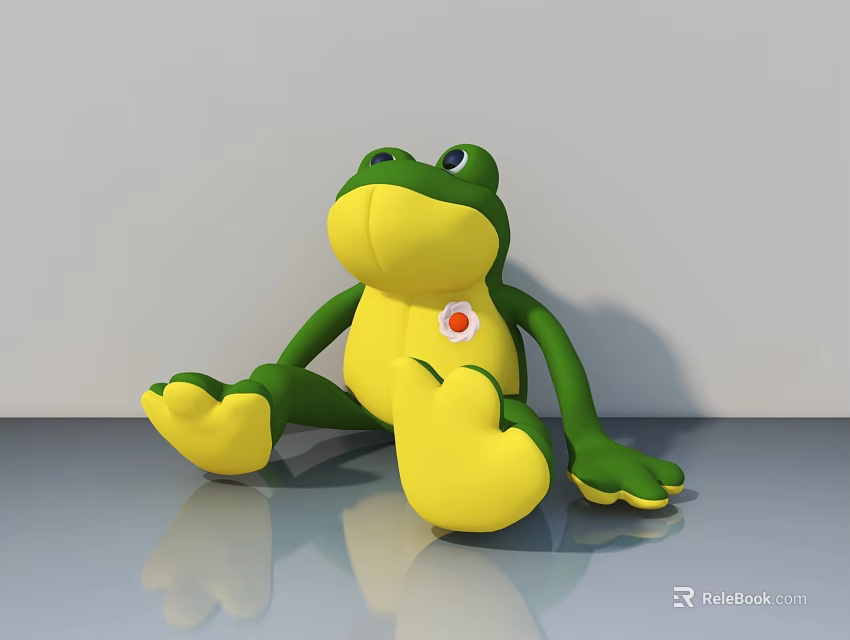 Green And Yellow Plush Frog Toy Sitting On Gray Surface With Reflection 3d model 