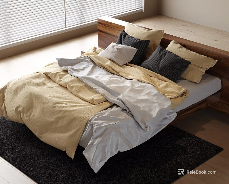 Cozy Double Bed With Yellow And Gray Bedding Wooden Headboard And Dark Rug 3d model 
