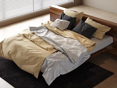 Cozy Double Bed With Yellow And Gray Bedding Wooden Headboard And Dark Rug 3d model