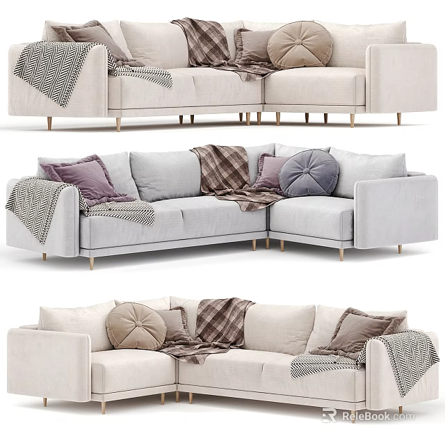 Modern Sectional Sofa with Light Gray Upholstery Decorative Pillows and Throw Blankets 3d model