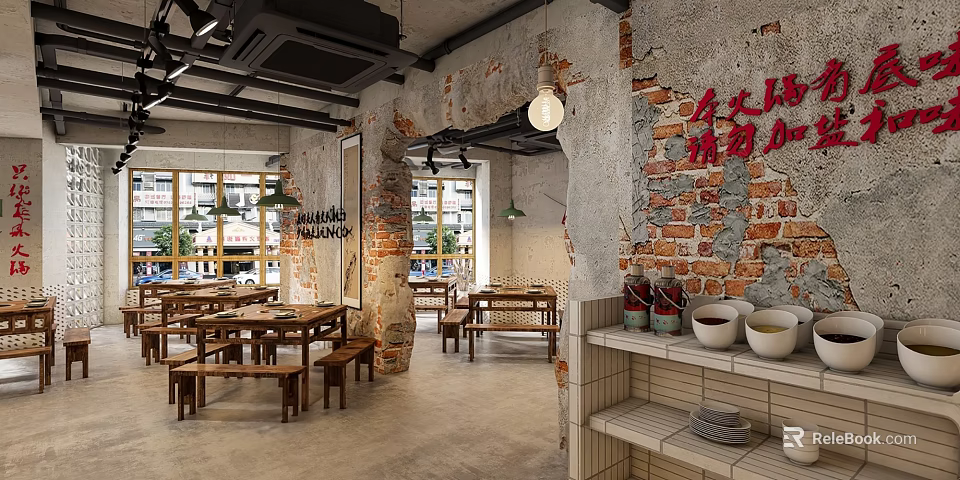 Industrial Style Hotpot Restaurant Interior With Exposed Brick Walls Wooden Tables and Hanging Lamps 3d model 