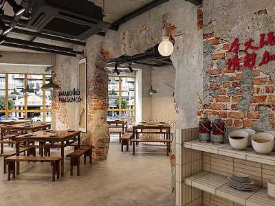 Industrial Style Hotpot Restaurant Interior With Exposed Brick Walls Wooden Tables and Hanging Lamps 3d model