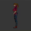 3D Female Character With Red Hair Red Jacket Blue Pants Red Boots And Gray Background