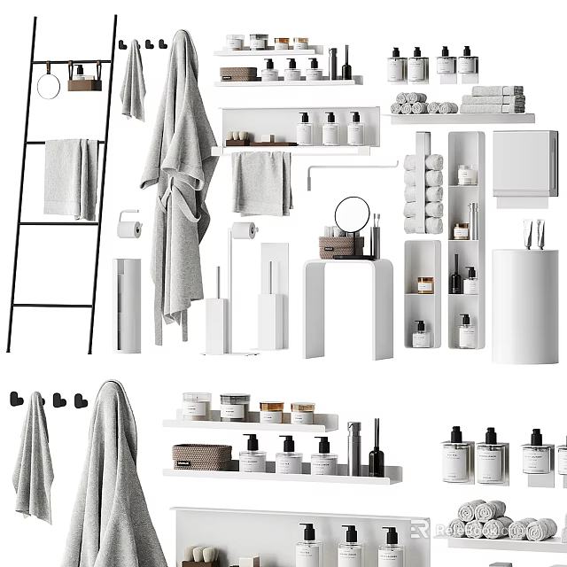 Practical Laundry And Bath Essentials With Towels Bottles Shelves And Organizers 3d model 