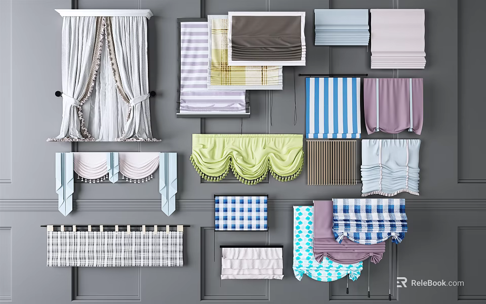Various Curtain Styles With Colors Patterns And Textures For Home Window Decor 3d model