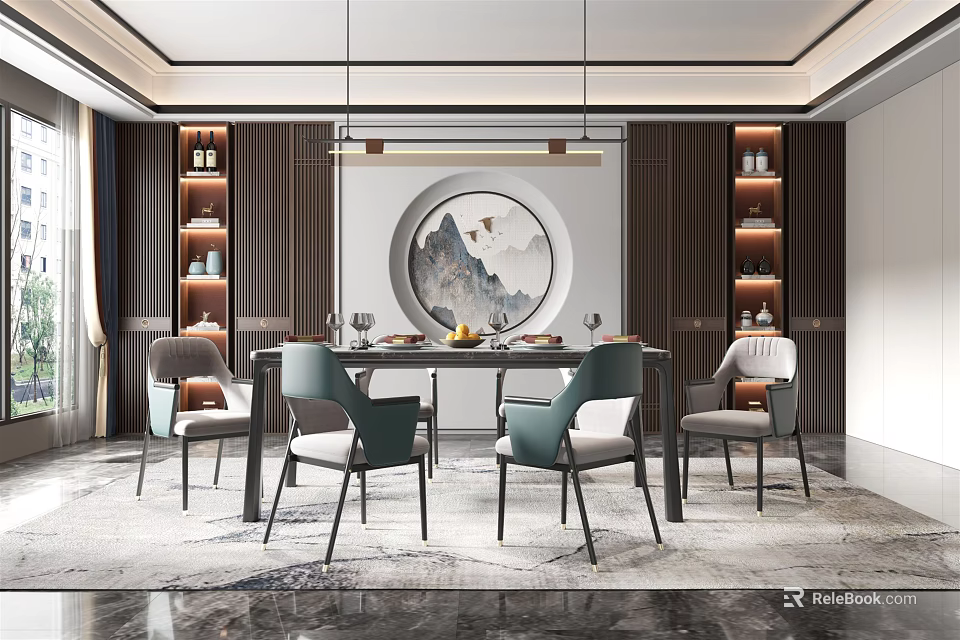 Elegant Modern Restaurant Interior With Dark Dining Table Green Gray Chairs And Circular Landscape Painting 3d model 