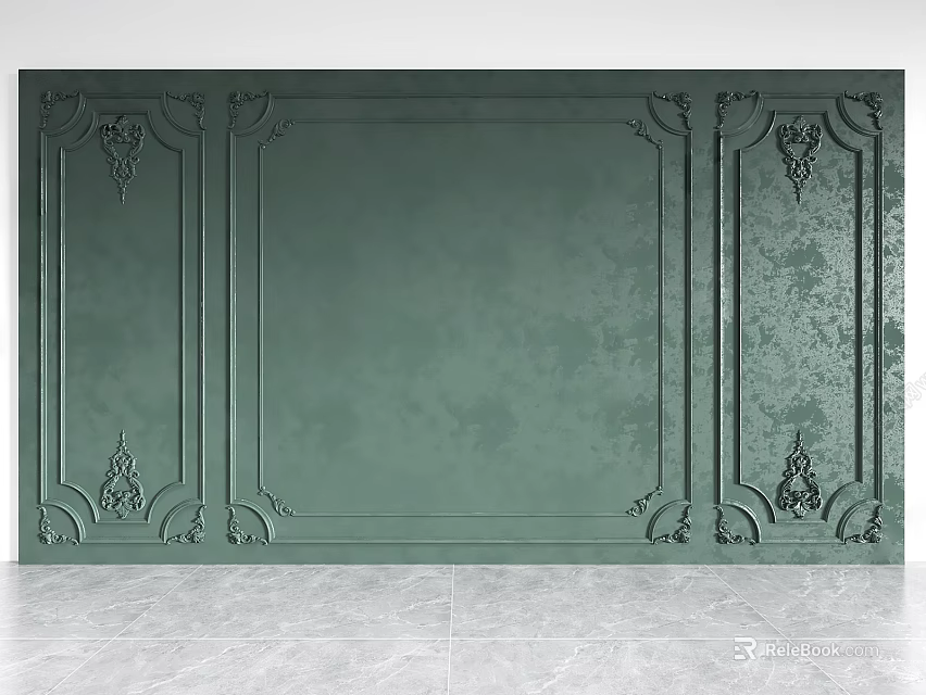 Dark Green Background Wall with Black Carved Decorations Classic Style Textured Surface in Modern Interior 3d model 