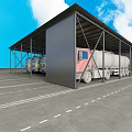 Large Carport Covered Parking Lot With Multiple Trucks Parked Under 3d model