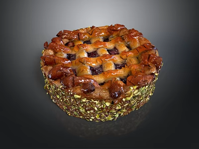 Delicious Round Fruit Pie with Lattice Crust and Berry Topping Surrounded by Pistachio Crumbs 3d model