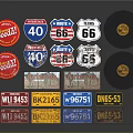 Vintage License Plates And Route 40 66 Signs With Retro Brand Logos