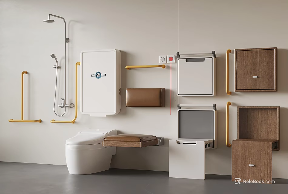 Accessible Bathroom With Wall Mounted Toilet Grab Bars And Storage Cabinets 3d model 