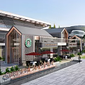 Modern Commercial Street With Outdoor Seating Umbrellas Pedestrian Walkway Terraces And Greenery