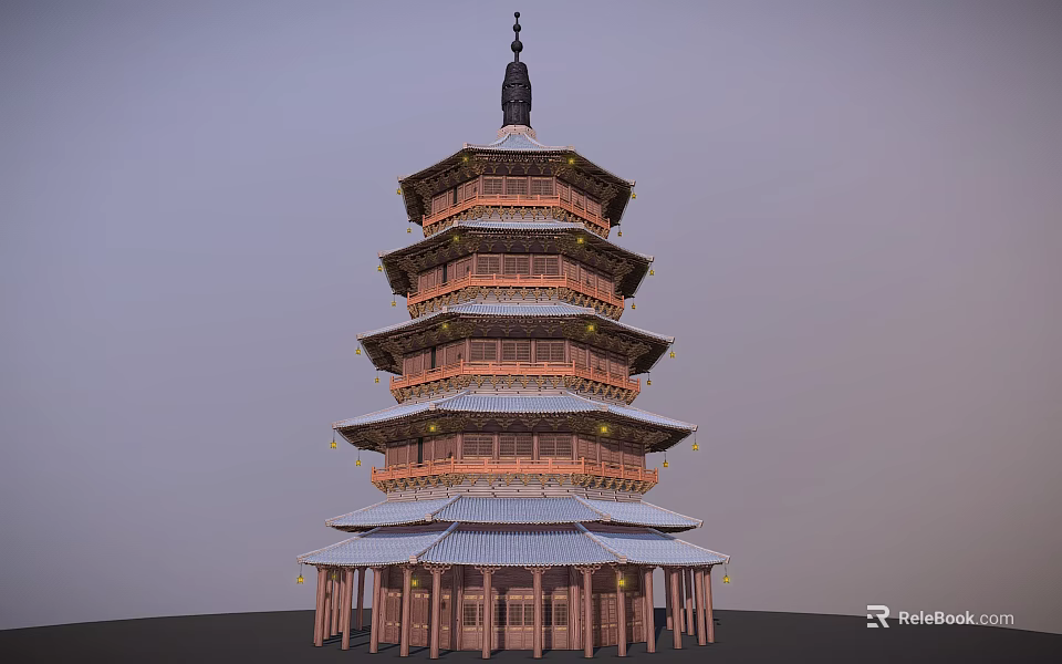 Ancient Traditional Multi Tiered Wooden Pagoda Architectural Design With Overhanging Eaves And Spire 3d model 