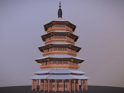 Ancient Traditional Multi Tiered Wooden Pagoda Architectural Design With Overhanging Eaves And Spire 3d model