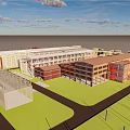 Modern Industrial Park With Various Buildings Different Colored Roofs Green Lawns And Distant Ferris Wheel