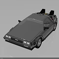 Silver DeLorean Car With Gull Wing Doors And Futuristic Roof Components