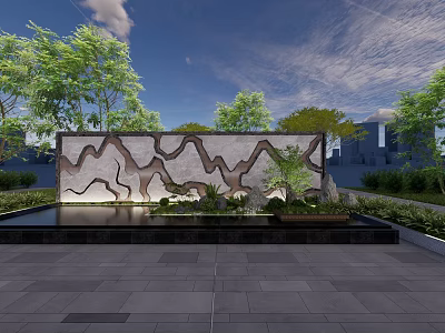 Modern Landscape Wall With Mountain Pattern Green Plants And Water Feature In Outdoor Garden 3d model