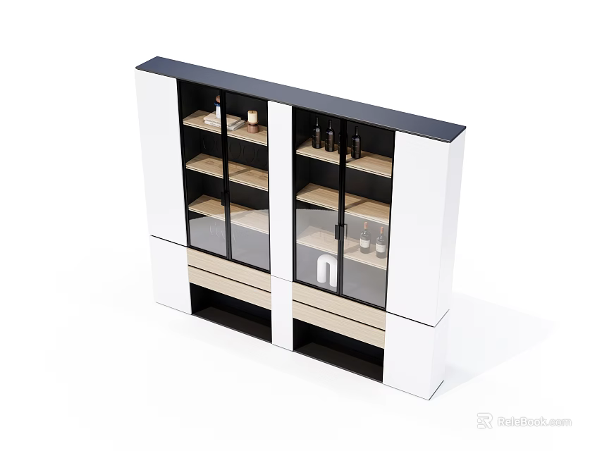 Modern White And Black Wine Cabinet With Glass Doors Multiple Shelves And Wooden Drawers 3d model 