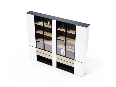 Modern White And Black Wine Cabinet With Glass Doors Multiple Shelves And Wooden Drawers 3d model