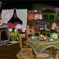 Cozy Kitchen Dining Interior With Stone Fireplace Green Cabinets Wooden Table Checkered Tablecloth Teapot Cookies