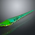 Vibrant Green And Blue Aquatic Animal With Long Slender Body Black Spots And Open Mouth