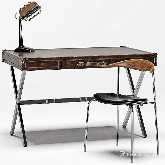 Vintage Leather Top Desk With Metal Frame Wooden Back Chair And Black Table Lamp 3d model 