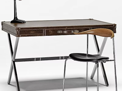 Vintage Leather Top Desk With Metal Frame Wooden Back Chair And Black Table Lamp 3d model