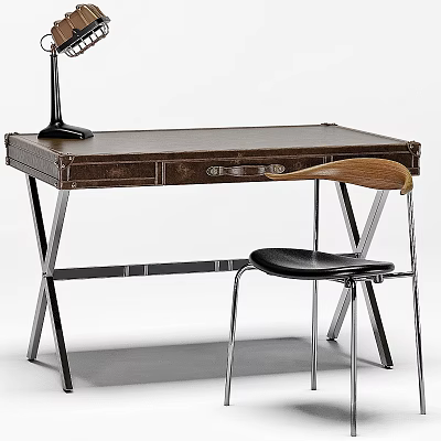 Vintage Leather Top Desk With Metal Frame Wooden Back Chair And Black Table Lamp 3d model