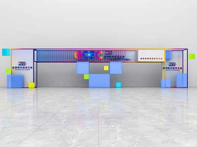 Modern Exhibition Booth Design With Colorful Blocks Blue Yellow Cubes And China Construction Sign 3d model
