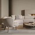 Modern Living Room Interior With Large Sofa Accent Chairs Coffee Table Fireplace And Neutral Tones