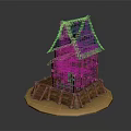 Wooden Cottage Model With Blue Tiled Roof Windows Stairs And Fence Base