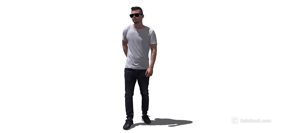 Man Standing in White T-shirt Black Pants and Sunglasses with Hands Behind Back and Shadow 3d model 