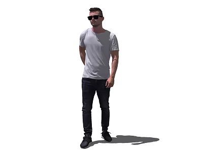 Man Standing in White T-shirt Black Pants and Sunglasses with Hands Behind Back and Shadow 3d model