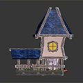 Fairy Tale Style Pink Building Featuring Blue Roof Pointed Tower Yellow Window And Porch Plants